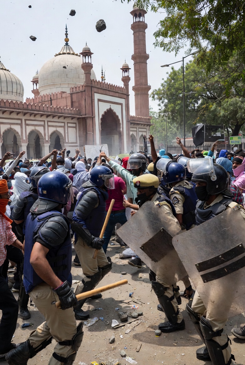 दिल्ली पुलिस के जवान प्रभावित क्षेत्र में गश्त करते हुए और सीसीटीवी स्क्रीन पर उपद्रवियों की फुटेज खंगालते अधिकारी।