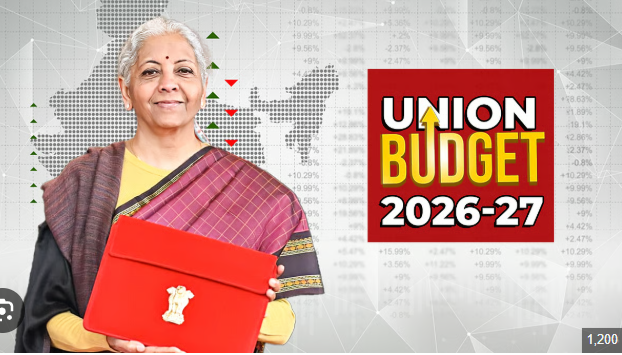 बजट पेश करतीं वित्त मंत्री निर्मला सीतारमण और हाई-स्पीड ट्रेन एवं स्वास्थ्य सुविधाओं का ग्राफिक।