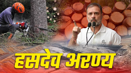 राहुल गांधी छत्तीसगढ़ के हसदेव अरण्य में आदिवासियों के साथ बैठकर चर्चा करते हुए।