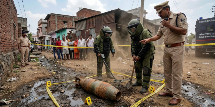abalpur Police and Bomb Disposal Squad at the site where a bomb shell was found near scrap dealer Shamim's house.