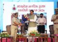 DG Home Guards Pragya Richa Srivastava welcoming CM Mohan Yadav with a bouquet at Home Guard Parade Ground, Bhopal.