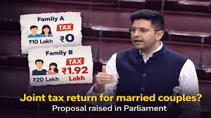 AAP MP Raghav Chadha speaking in Rajya Sabha about optional joint income tax filing for married couples.