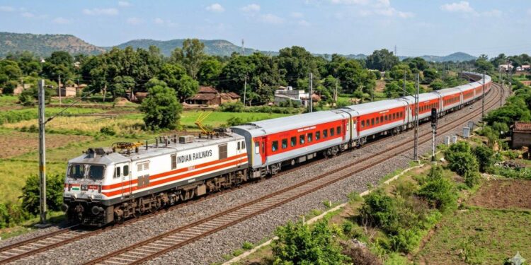 जबलपुर रेलवे स्टेशन पर खड़ी आधुनिक लाल रंग की एलएचबी (LHB) कोच वाली श्रीधाम एक्सप्रेस।