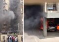 भोपाल के रचना टावर के बेसमेंट में ईवी स्कूटर और एसयूवी कार में लगी भीषण आग को बुझाते लोग।