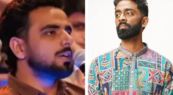 मंच पर माइक थामे स्टैंड-अप कॉमेडियन प्रणित मोरे और हाथ जोड़कर माफी मांगते हुए उनके वायरल वीडियो का एक स्क्रीनशॉट।