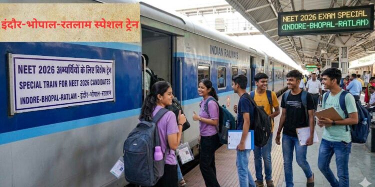 इंदौर जंक्शन रेलवे स्टेशन के प्लेटफॉर्म पर खड़ी आधुनिक स्पेशल एक्सप्रेस ट्रेन और हाथ में नीट एडमिट कार्ड व बैग लिए खड़े परीक्षार्थियों की प्रतीकात्मक तस्वीर।