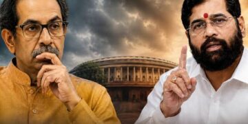 नई दिल्ली में संसद भवन के बाहर खड़े शिवसेना UBT के सांसद अरविंद सावंत और संजय राउत की गंभीर मुद्रा में चर्चा करती हुई तस्वीर।