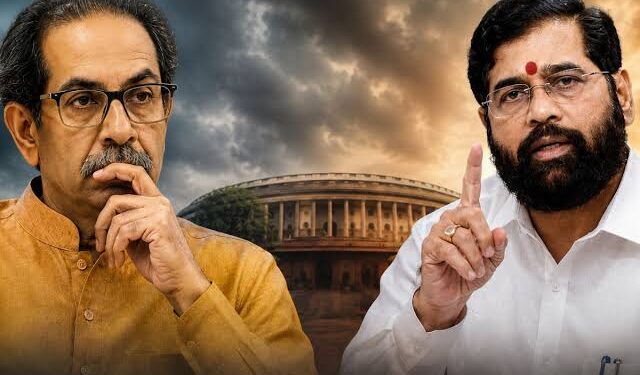 नई दिल्ली में संसद भवन के बाहर खड़े शिवसेना UBT के सांसद अरविंद सावंत और संजय राउत की गंभीर मुद्रा में चर्चा करती हुई तस्वीर।