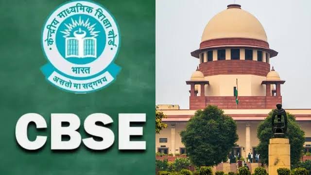 सुप्रीम कोर्ट के भवन की डिजिटल तस्वीर और उसके सामने सीबीएसई की गाइडलाइंस की फाइलों के साथ खड़े वकीलों का प्रतीकात्मक कोलाज।