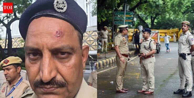 नई दिल्ली के जंतर-मंतर पर दंगा रोधी गियर और सुरक्षा उपकरणों के साथ तैनात रैपिड एक्शन फोर्स (RAF) तथा दिल्ली पुलिस के जवान।