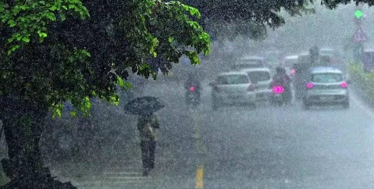 मध्य प्रदेश के नक्शे पर गरज-चमक के साथ बारिश के बादलों और तीन मौसमी चक्रों का मानसूनी डिजिटल इंफोग्राफिक।