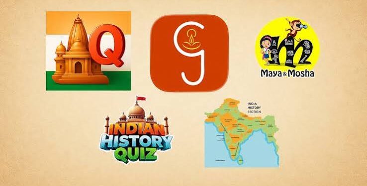 स्वतंत्रता दिवस पर तिरंगा फहराते नागरिक और मोबाइल पर इतिहास से जुड़े ऐप्स इस्तेमाल करने की प्रतीकात्मक तस्वीर।