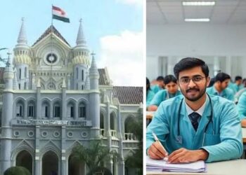 मध्य प्रदेश हाई कोर्ट जबलपुर की इमारत और स्कूल यूनिफॉर्म सिलाई की प्रतीकात्मक तस्वीर।