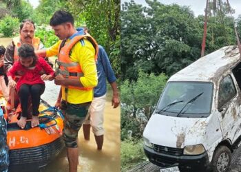 राजगढ़ उफनता नाला वैन हादसा और जलभराव के बीच राहत व बचाव कार्य की तस्वीर।