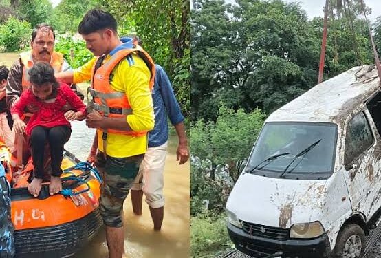 राजगढ़ उफनता नाला वैन हादसा और जलभराव के बीच राहत व बचाव कार्य की तस्वीर।