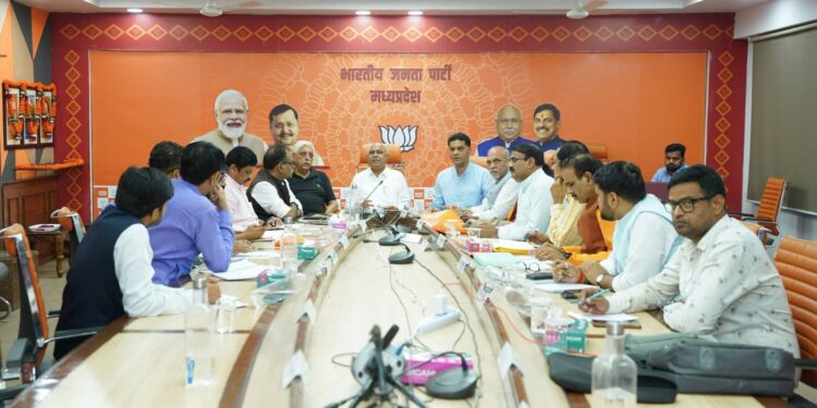 भाजपा प्रदेश कार्यालय में 'सेवा संकल्प अभियान' की प्रदेश टोली की बैठक को संबोधित करते प्रदेश अध्यक्ष व विधायक हेमंत खण्डेलवाल।