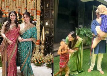 गणेशोत्सव के पावन अवसर पर पारंपरिक परिधान में परिवार और पेट डॉग्स के साथ भगवान गणेश की आरती करते अर्जुन तेंदुलकर और सानिया चंडोक।