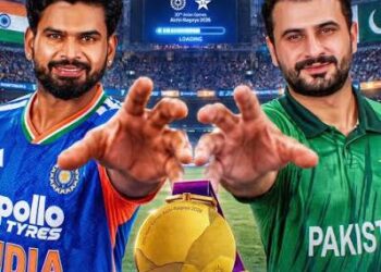 क्रिकेट मैदान पर बारिश के दौरान कवर्स और एशियन गेम्स में भारत और पाकिस्तान की क्रिकेट टीमों के कप्तानों का प्रतीकात्मक दृश्य।