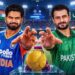 क्रिकेट मैदान पर बारिश के दौरान कवर्स और एशियन गेम्स में भारत और पाकिस्तान की क्रिकेट टीमों के कप्तानों का प्रतीकात्मक दृश्य।