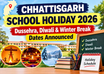 छत्तीसगढ़ शासन स्कूल शिक्षा विभाग का अवकाश आदेश और स्कूल बैग के साथ खुश होते स्कूली बच्चे।