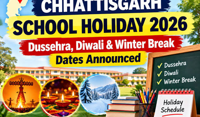 छत्तीसगढ़ शासन स्कूल शिक्षा विभाग का अवकाश आदेश और स्कूल बैग के साथ खुश होते स्कूली बच्चे।