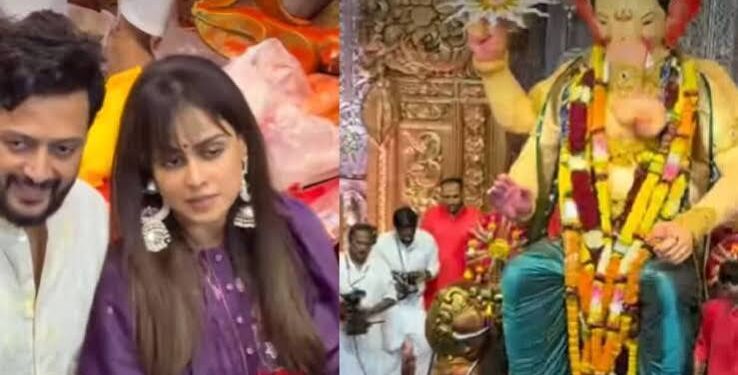 मुंबई के प्रसिद्ध लालबागचा राजा पंडाल में भगवान गणेश के चरणों में शीश नवाते रितेश देशमुख और पर्पल एथनिक सूट में जेनेलिया डिसूजा।