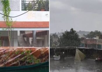 मध्य प्रदेश के ऊपर बने मानसूनी बादलों का उपग्रह चित्र और तेज बारिश के बीच भीगती सड़कों की तस्वीर।