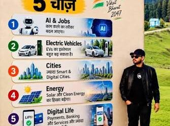 डिजिटल इंडिया के तहत हाई-स्पीड कनेक्टिविटी, डिजिटल लेन-देन और विकसित भारत 2047 के संकल्प को दर्शाती आधुनिक ग्राफिक तस्वीर।