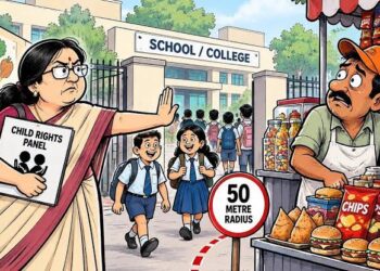 स्कूल परिसर के बाहर जंक फूड पर रोक लगाने और 50 मीटर के दायरे में पोषण युक्त आहार को बढ़ावा देने के अभियान की प्रतीकात्मक तस्वीर।