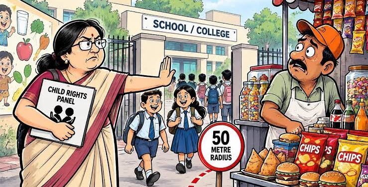 स्कूल परिसर के बाहर जंक फूड पर रोक लगाने और 50 मीटर के दायरे में पोषण युक्त आहार को बढ़ावा देने के अभियान की प्रतीकात्मक तस्वीर।