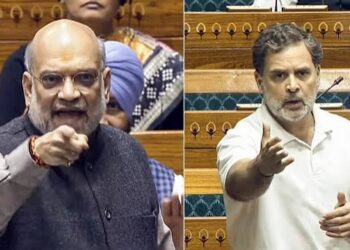 एक ओर जनसभा को संबोधित करते कांग्रेस नेता राहुल गांधी और दूसरी ओर भोपाल दौरे की तैयारी में केंद्रीय गृह मंत्री अमित शाह का कोलाज।