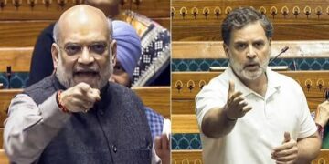 एक ओर जनसभा को संबोधित करते कांग्रेस नेता राहुल गांधी और दूसरी ओर भोपाल दौरे की तैयारी में केंद्रीय गृह मंत्री अमित शाह का कोलाज।