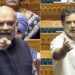 एक ओर जनसभा को संबोधित करते कांग्रेस नेता राहुल गांधी और दूसरी ओर भोपाल दौरे की तैयारी में केंद्रीय गृह मंत्री अमित शाह का कोलाज।