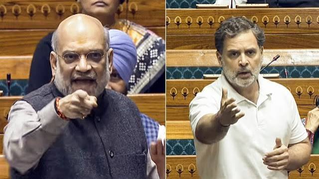 एक ओर जनसभा को संबोधित करते कांग्रेस नेता राहुल गांधी और दूसरी ओर भोपाल दौरे की तैयारी में केंद्रीय गृह मंत्री अमित शाह का कोलाज।