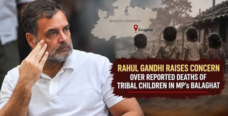 लोकसभा में नेता प्रतिपक्ष राहुल गांधी और मध्य प्रदेश के बालाघाट जिले में आदिवासी बहुल प्रभावित स्वास्थ्य केंद्र की तस्वीर।