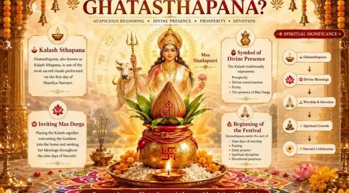 मां दुर्गा की प्रतिमा और घटस्थापना के लिए स्थापित मंगल कलश व अखंड ज्योति।