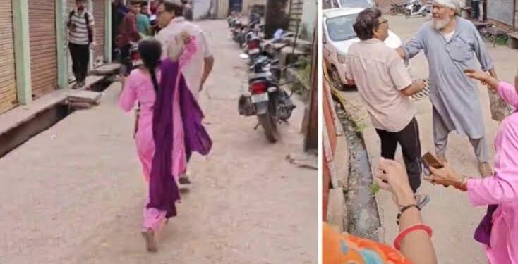 श्योपुर के सरकारी स्कूल परिसर में महिला रसोइया द्वारा प्रिंसिपल से विवाद और चप्पल से पिटाई के वायरल वीडियो का दृश्य।