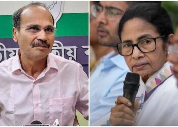 वरिष्ठ कांग्रेस नेता अधीर रंजन चौधरी और तृणमूल कांग्रेस प्रमुख ममता बनर्जी का कोलाज।