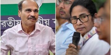 वरिष्ठ कांग्रेस नेता अधीर रंजन चौधरी और तृणमूल कांग्रेस प्रमुख ममता बनर्जी का कोलाज।