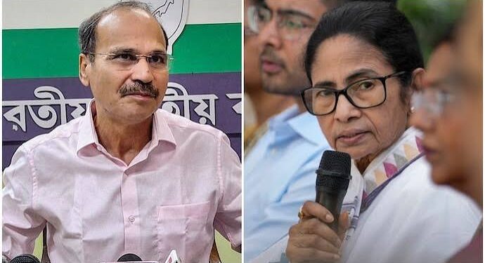 वरिष्ठ कांग्रेस नेता अधीर रंजन चौधरी और तृणमूल कांग्रेस प्रमुख ममता बनर्जी का कोलाज।